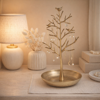 Bird Branch Jewelry Organizer Stand with Tray