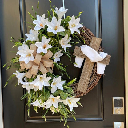 ✝️ Easter “Holy Embrace” White Lilies Crucifix Wreath