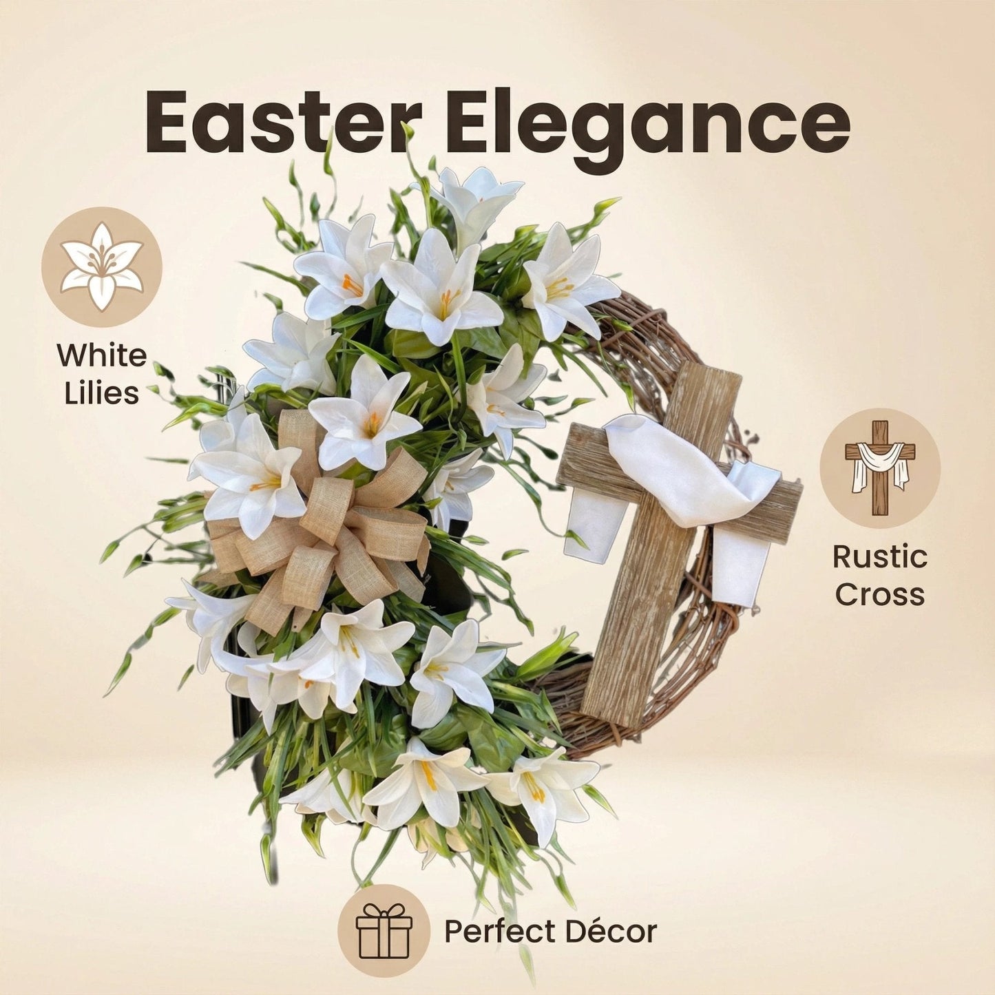✝️ Easter “Holy Embrace” White Lilies Crucifix Wreath