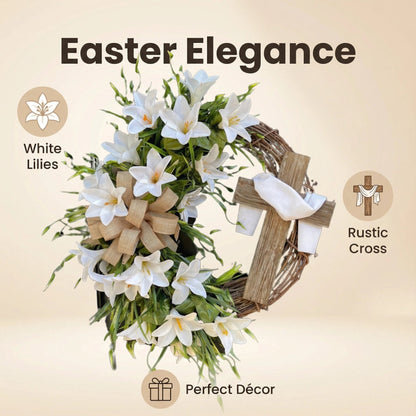 ✝️ Easter “Holy Embrace” White Lilies Crucifix Wreath
