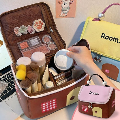 🔥Large Capacity Color-Block Cartoon House-Shaped Handheld Cosmetic Bag