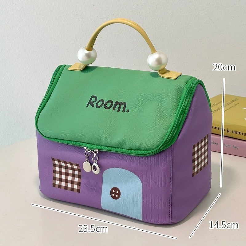 🔥Large Capacity Color-Block Cartoon House-Shaped Handheld Cosmetic Bag