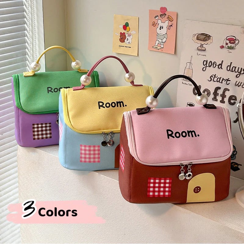 🔥Large Capacity Color-Block Cartoon House-Shaped Handheld Cosmetic Bag