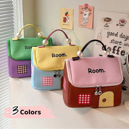 🔥Large Capacity Color-Block Cartoon House-Shaped Handheld Cosmetic Bag