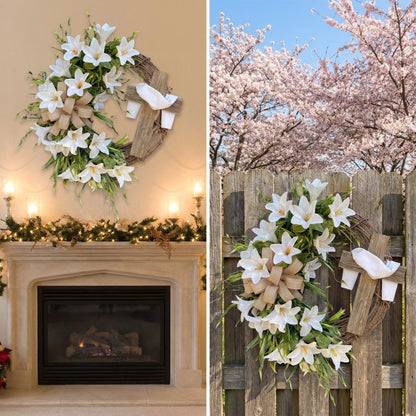 ✝️ Easter “Holy Embrace” White Lilies Crucifix Wreath