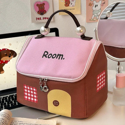 🔥Large Capacity Color-Block Cartoon House-Shaped Handheld Cosmetic Bag