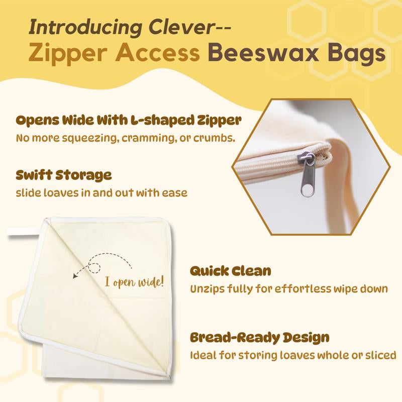 🔥🍞Wide Zipper Access Cotton & Beeswax Bread Bags for Sourdough