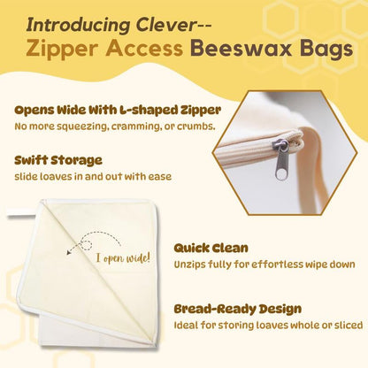 🔥🍞Wide Zipper Access Cotton & Beeswax Bread Bags for Sourdough