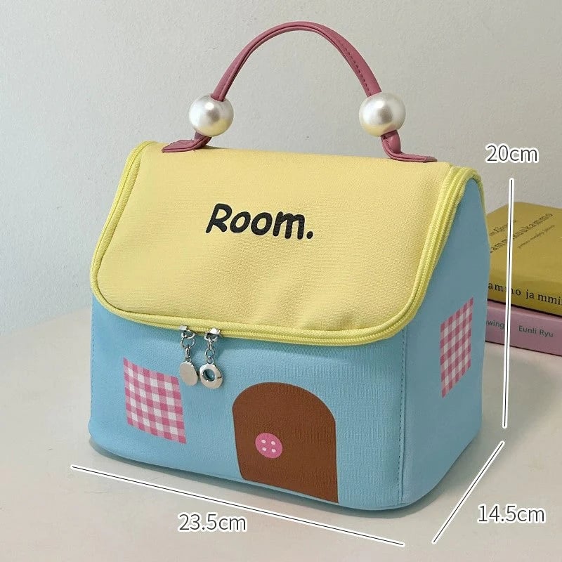 🔥Large Capacity Color-Block Cartoon House-Shaped Handheld Cosmetic Bag