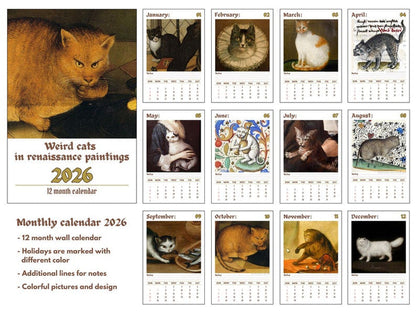 2026 Weird cats in renaissance Calendar ＆ Funny Cat Calendar