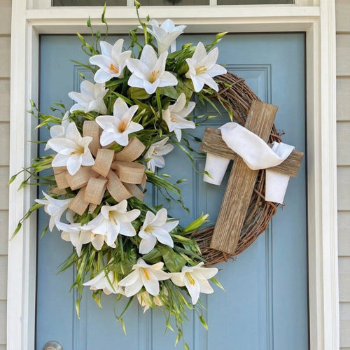 ✝️ Easter “Holy Embrace” White Lilies Crucifix Wreath