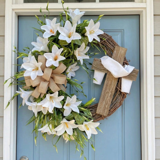 ✝️ Easter “Holy Embrace” White Lilies Crucifix Wreath