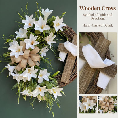 ✝️ Easter “Holy Embrace” White Lilies Crucifix Wreath
