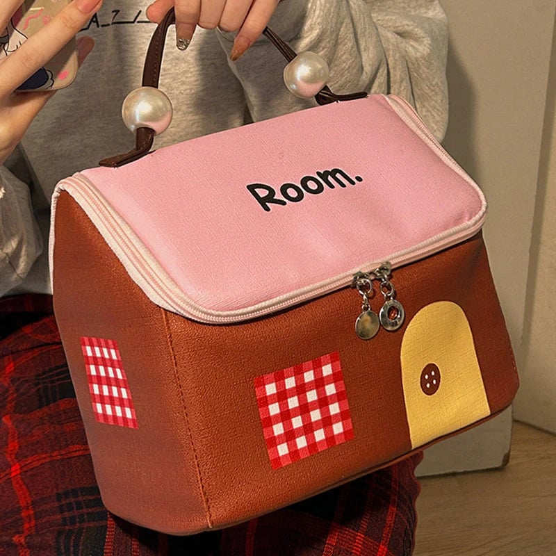 🔥Large Capacity Color-Block Cartoon House-Shaped Handheld Cosmetic Bag