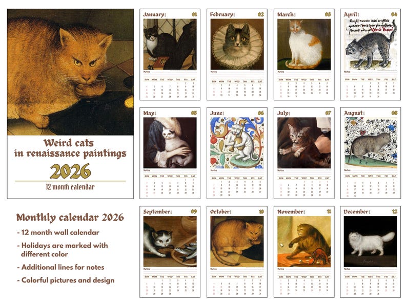Weird cats in renaissance 2026 Wall Calendar,2026 Funny Cat Calendar - 12-Month Wall Calendar with Hanging Hole, Cute Toilet Cat Design, Perfect Gift for Cat Lovers, Office & Home Decor, Home Decoration, Playful Design, Durable Paper